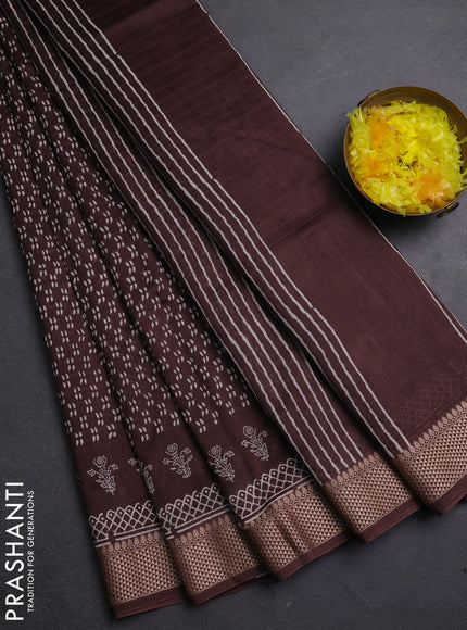 Maheshwari silk cotton saree coffee brown with allover block prints and thread woven border