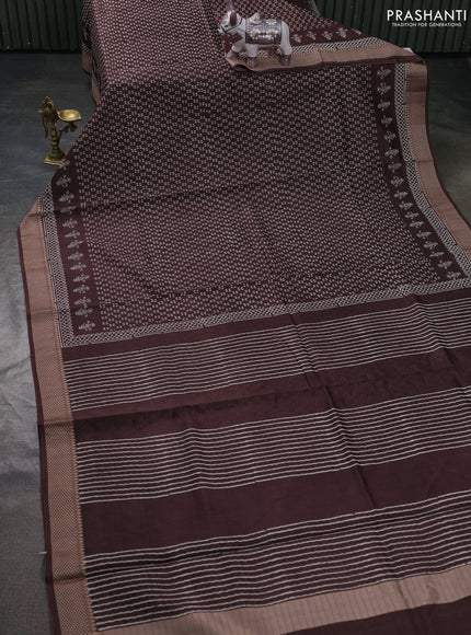 Maheshwari silk cotton saree coffee brown with allover block prints and thread woven border