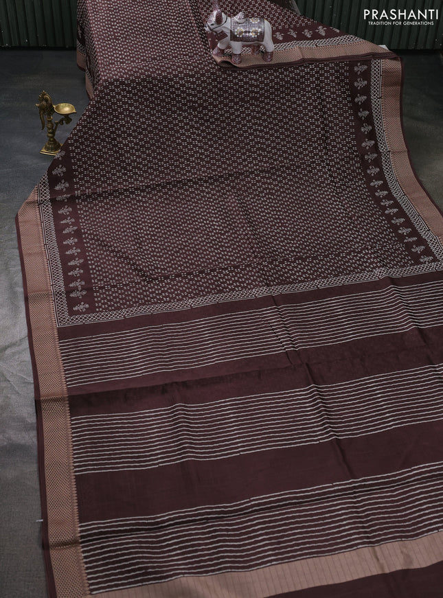 Maheshwari silk cotton saree coffee brown with allover block prints and thread woven border