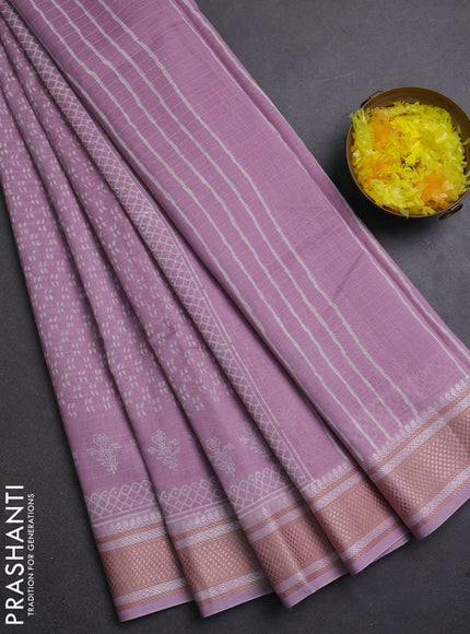 Maheshwari silk cotton saree pastel lavender with allover block prints and thread woven border