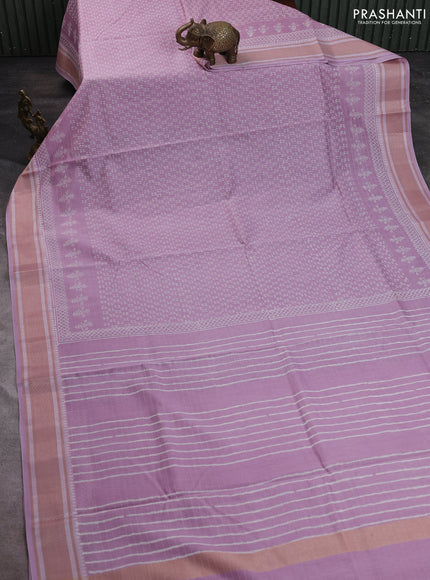 Maheshwari silk cotton saree pastel lavender with allover block prints and thread woven border