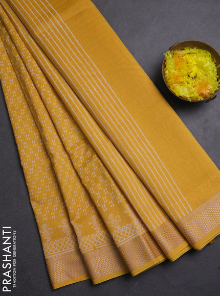 Maheshwari silk cotton saree mustard yellow with allover block prints and thread woven border