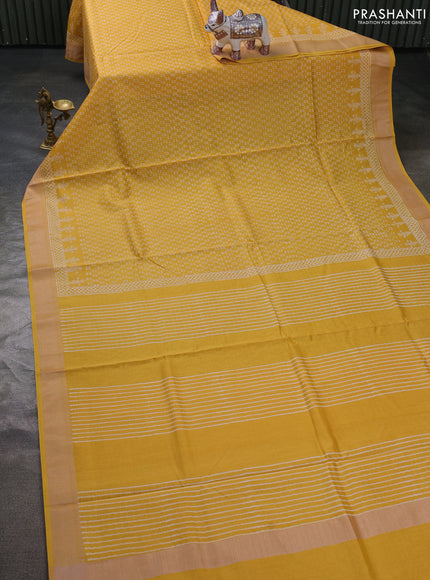 Maheshwari silk cotton saree mustard yellow with allover block prints and thread woven border
