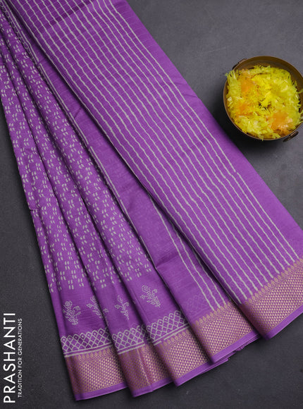 Maheshwari silk cotton saree lavender with allover block prints and thread woven border