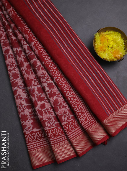 Maheshwari silk cotton saree off white and kumkum red with allover kalamkari block prints and thread woven border