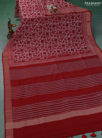 Maheshwari silk cotton saree off white and kumkum red with allover kalamkari block prints and thread woven border