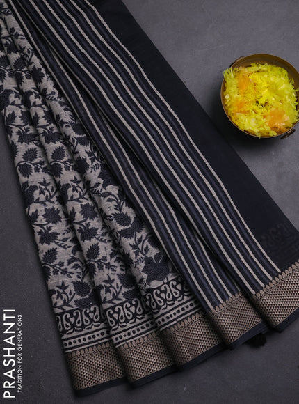 Maheshwari silk cotton saree beige and black with allover kalamkari block prints and thread woven border