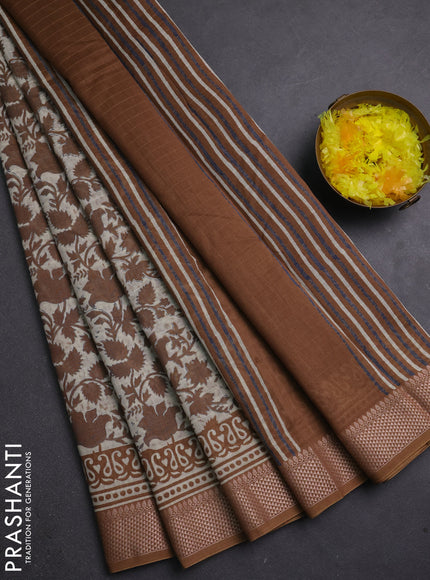 Maheshwari silk cotton saree off white and dark mustard with allover kalamkari block prints and thread woven border