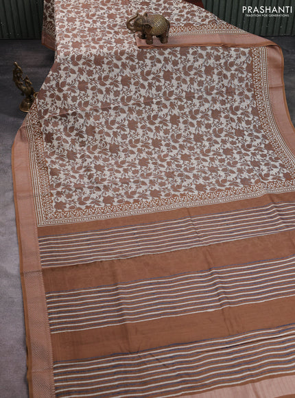Maheshwari silk cotton saree off white and dark mustard with allover kalamkari block prints and thread woven border