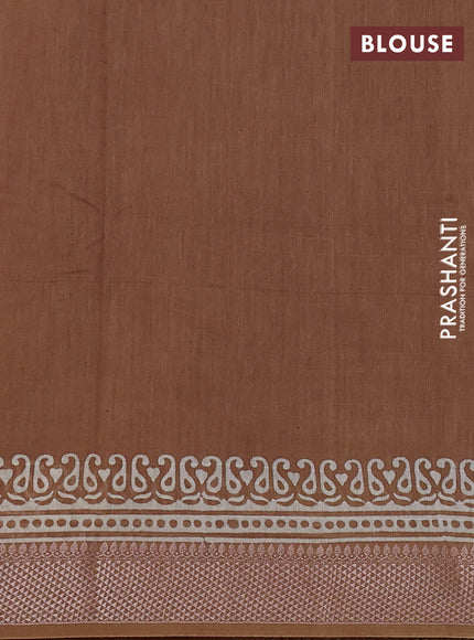 Maheshwari silk cotton saree off white and dark mustard with allover kalamkari block prints and thread woven border
