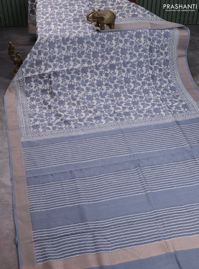 Maheshwari silk cotton saree off white and grey with allover kalamkari block prints and thread woven border