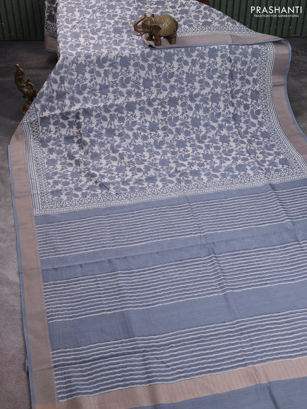 Maheshwari silk cotton saree off white and grey with allover kalamkari block prints and thread woven border