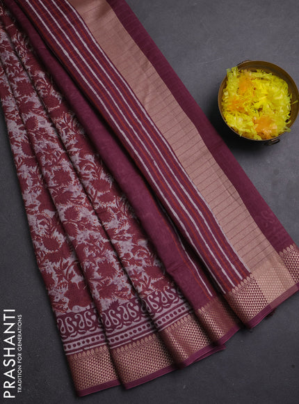 Maheshwari silk cotton saree beige and wine shade with allover kalamkari block prints and thread woven border