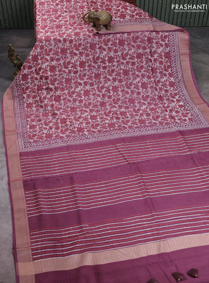 Maheshwari silk cotton saree beige and wine shade with allover kalamkari block prints and thread woven border