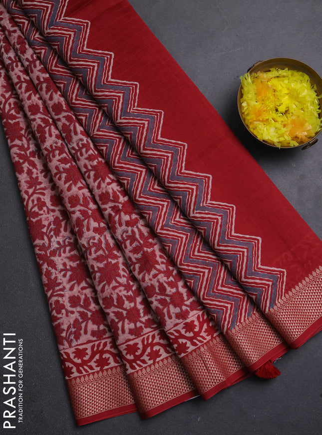Maheshwari silk cotton saree off white and red with allover kalamkari block prints and thread woven border
