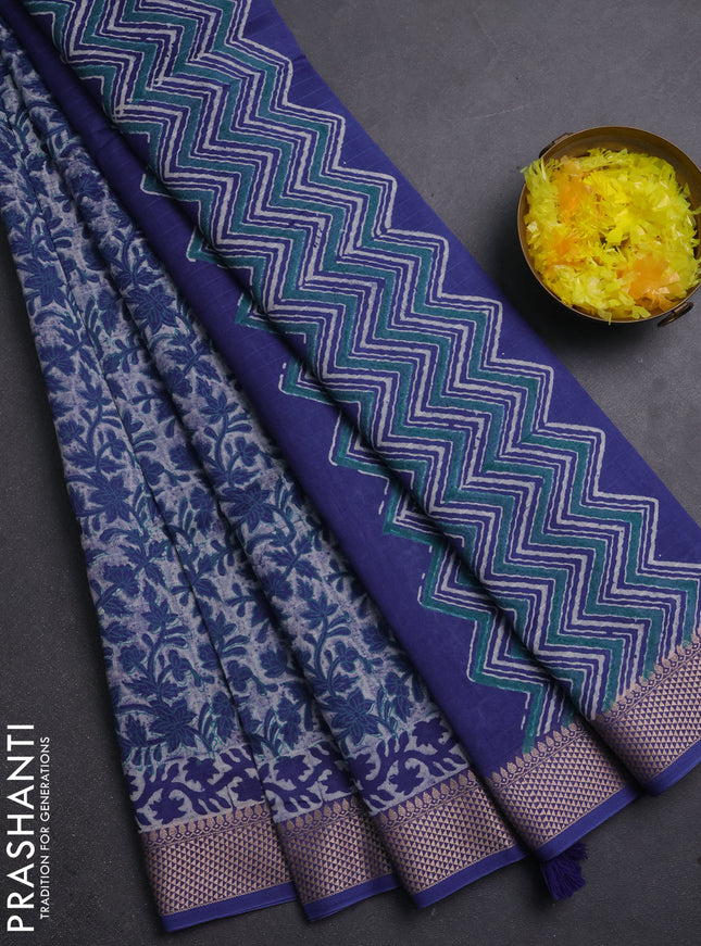Maheshwari silk cotton saree off white and blue with allover kalamkari block prints and thread woven border