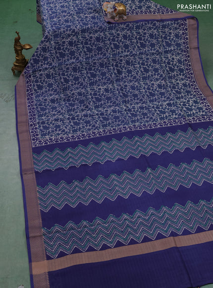 Maheshwari silk cotton saree off white and blue with allover kalamkari block prints and thread woven border