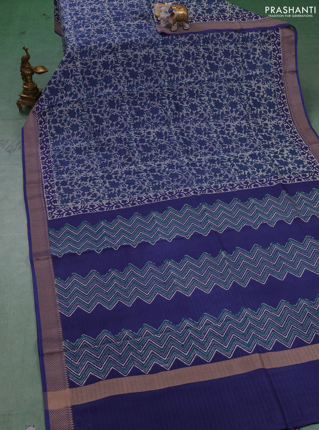 Maheshwari silk cotton saree off white and blue with allover kalamkari block prints and thread woven border