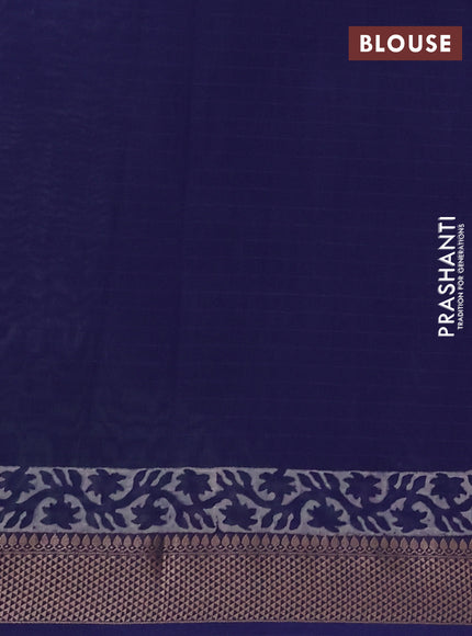 Maheshwari silk cotton saree off white and blue with allover kalamkari block prints and thread woven border