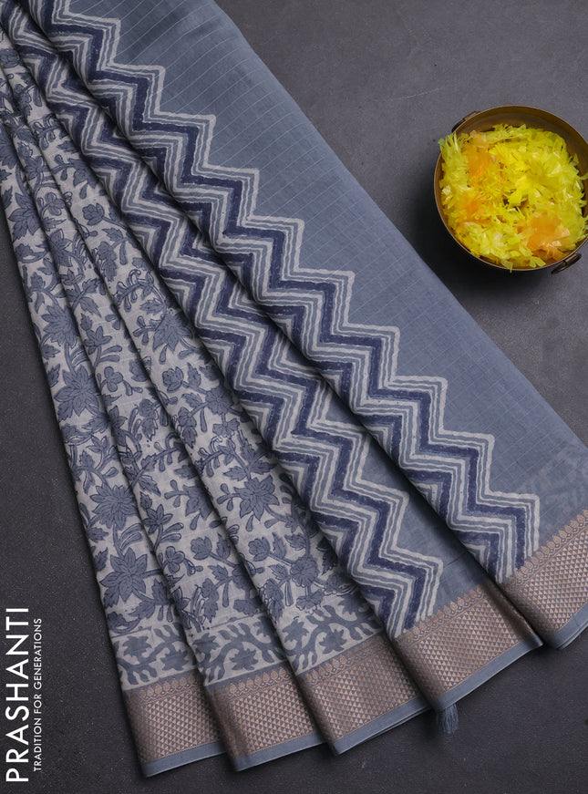 Maheshwari silk cotton saree off white and grey with allover kalamkari block prints and thread woven border