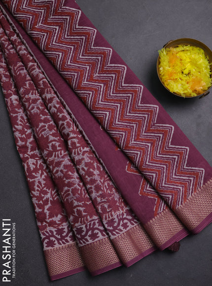 Maheshwari silk cotton saree off white and wine shade with allover kalamkari block prints and thread woven border
