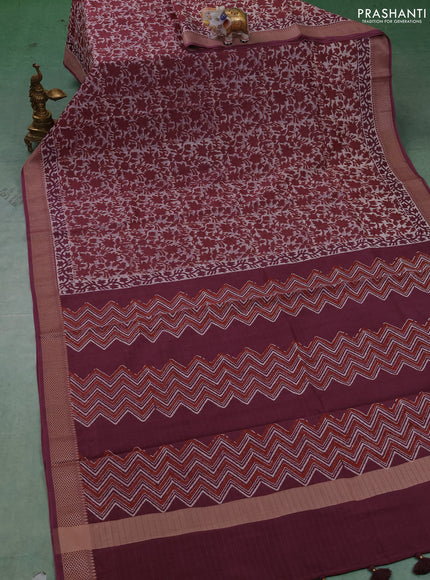 Maheshwari silk cotton saree off white and wine shade with allover kalamkari block prints and thread woven border