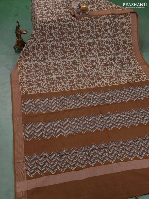 Maheshwari silk cotton saree cream and dark mustard with allover kalamkari block prints and thread woven border