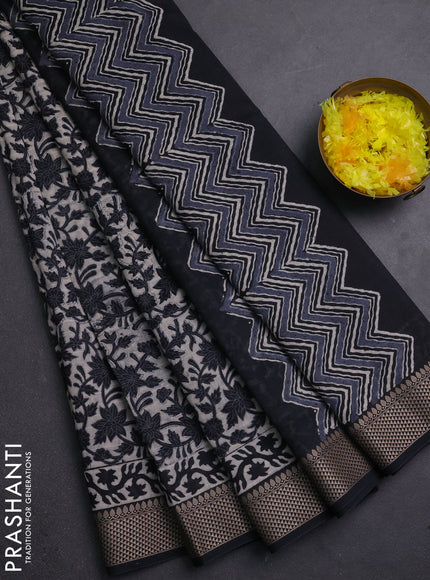 Maheshwari silk cotton saree beige and black with allover kalamkari block prints and thread woven border