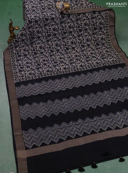 Maheshwari silk cotton saree beige and black with allover kalamkari block prints and thread woven border