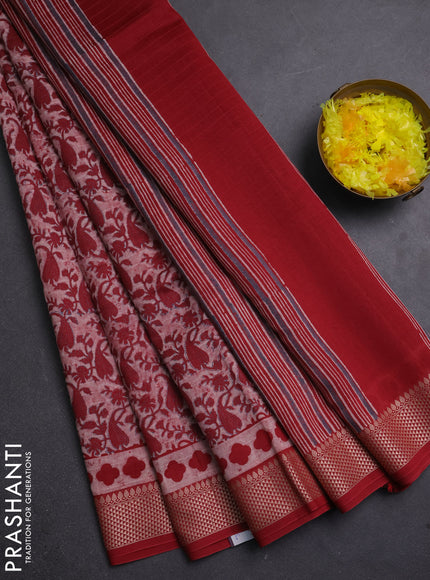 Maheshwari silk cotton saree beige and red with allover block prints and thread woven border
