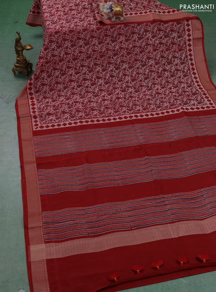 Maheshwari silk cotton saree beige and red with allover block prints and thread woven border