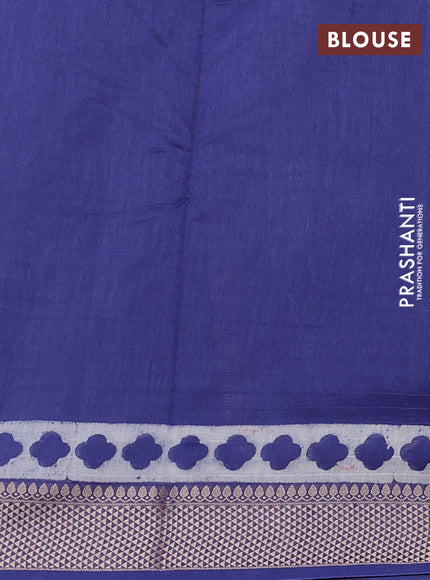Maheshwari silk cotton saree off white and blue with allover block prints and thread woven border