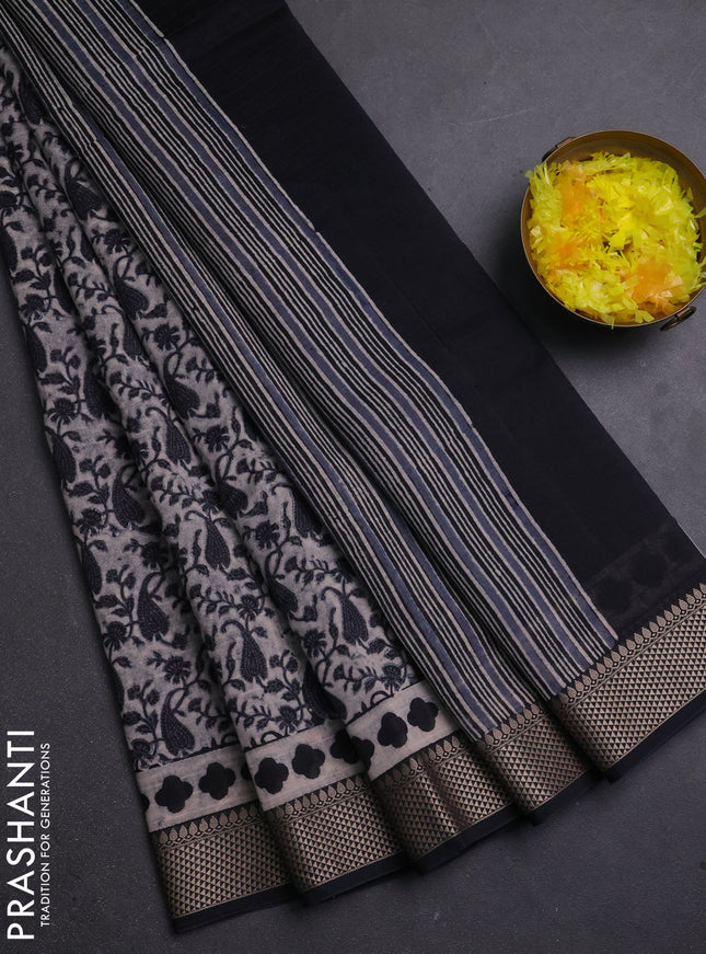 Maheshwari silk cotton saree beige and black with allover block prints and thread woven border