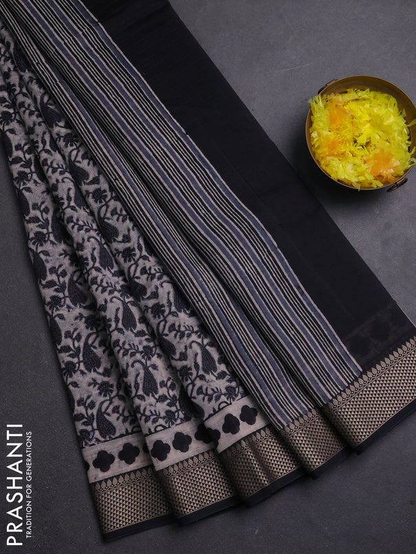 Maheshwari silk cotton saree beige and black with allover block prints and thread woven border