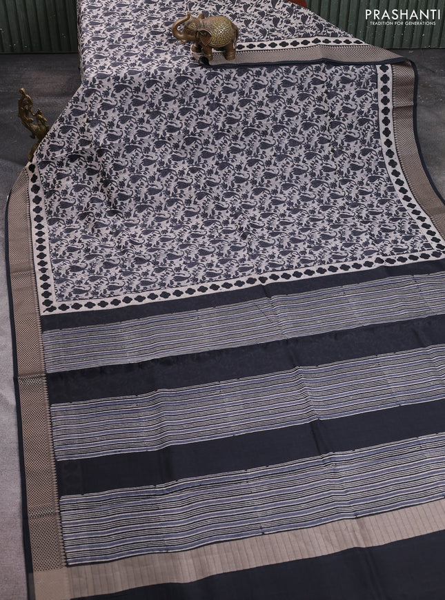 Maheshwari silk cotton saree beige and black with allover block prints and thread woven border