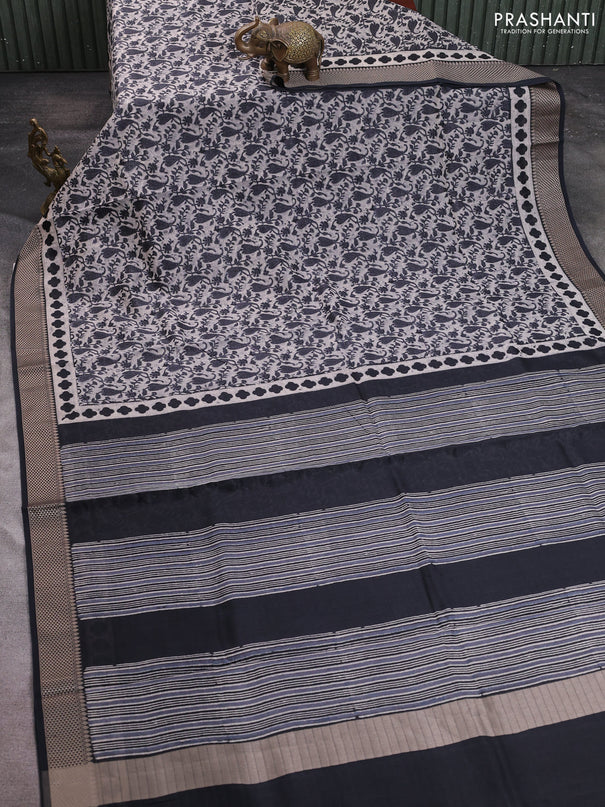 Maheshwari silk cotton saree beige and black with allover block prints and thread woven border