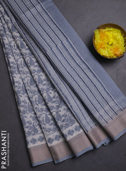 Maheshwari silk cotton saree off white and grey with allover block prints and thread woven border