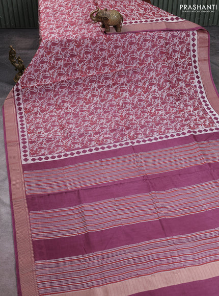 Maheshwari silk cotton saree off white and wine shade with allover block prints and thread woven border