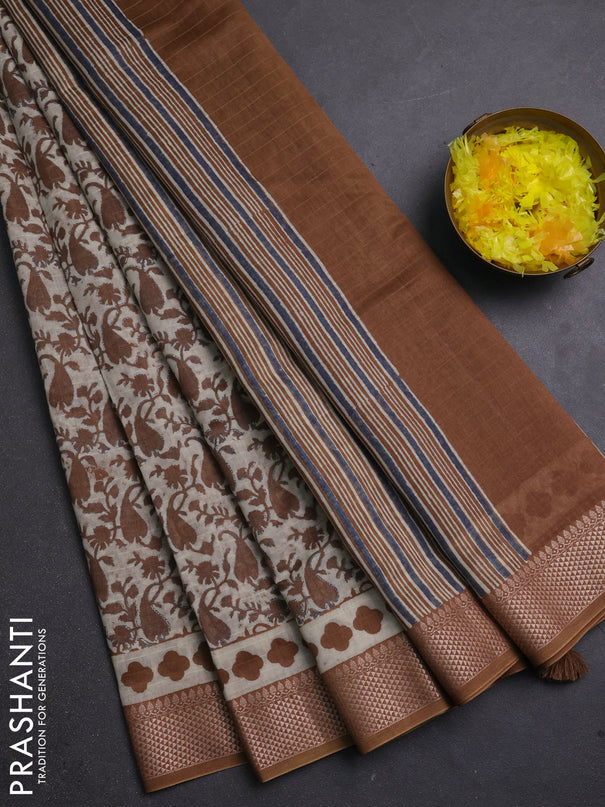 Maheshwari silk cotton saree sandal with allover block prints and thread woven border