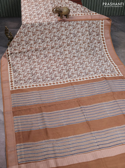 Maheshwari silk cotton saree sandal with allover block prints and thread woven border