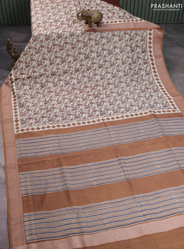 Maheshwari silk cotton saree sandal with allover block prints and thread woven border