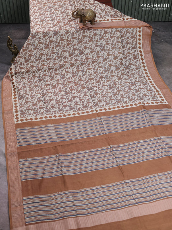 Maheshwari silk cotton saree sandal with allover block prints and thread woven border