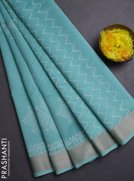 Maheshwari silk cotton saree teal blue with butta block prints and thread woven border