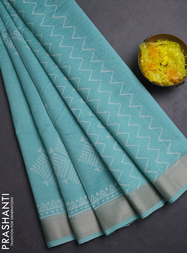 Maheshwari silk cotton saree teal blue with butta block prints and thread woven border