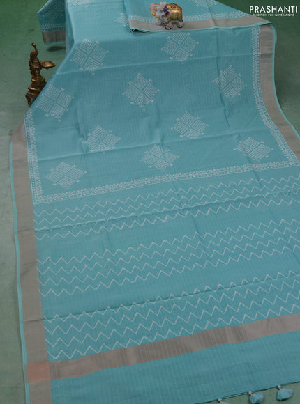 Maheshwari silk cotton saree teal blue with butta block prints and thread woven border