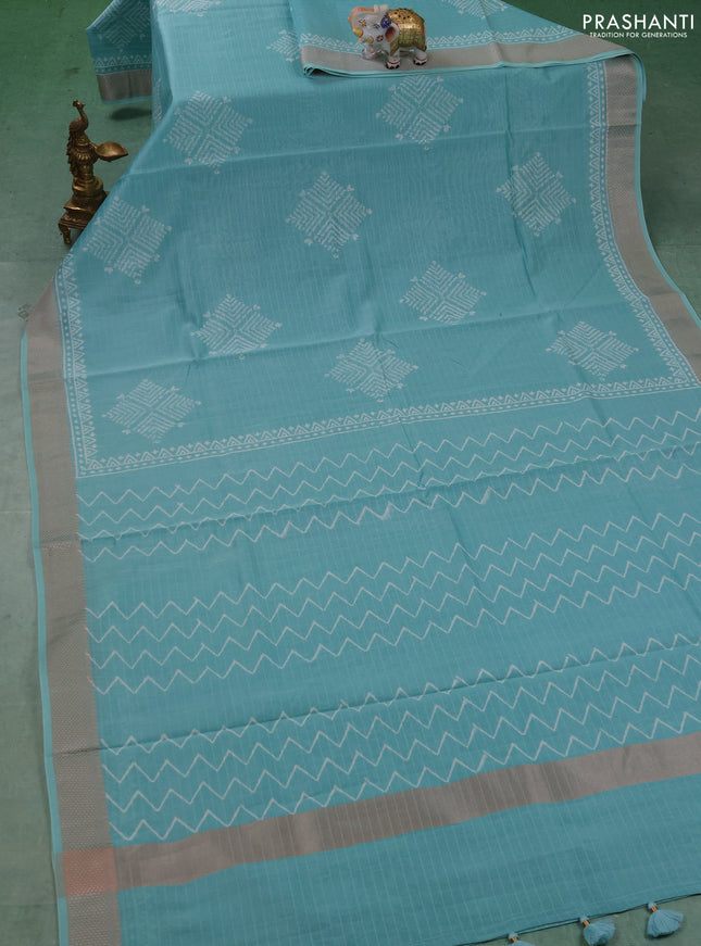 Maheshwari silk cotton saree teal blue with butta block prints and thread woven border