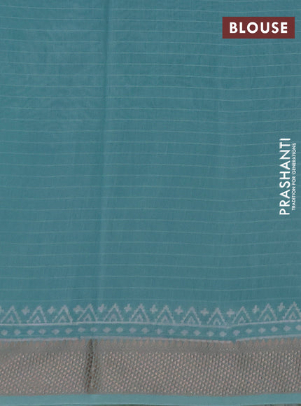 Maheshwari silk cotton saree teal blue with butta block prints and thread woven border
