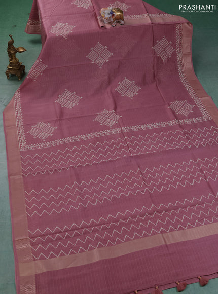 Maheshwari silk cotton saree pastel pink with butta block prints and thread woven border