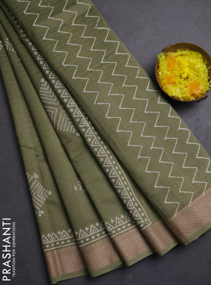 Maheshwari silk cotton saree olive green with butta block prints and thread woven border