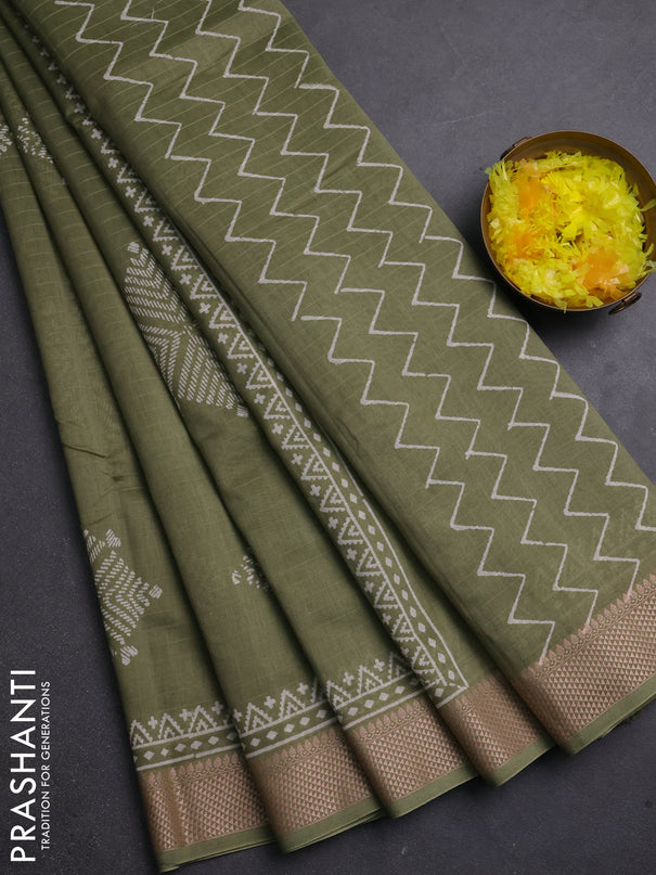 Maheshwari silk cotton saree olive green with butta block prints and thread woven border
